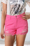 Rose - Short en jean taille haute coupe slim effet vieilli