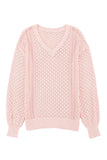 Loose Pointelle Knit Ribbed V Neck Sweater