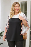 Black Waffle Knit Animal Print Ruffle Sleeves Plus Size Top