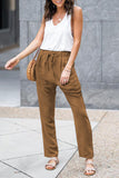 Drawstring Elastic Waist Pockets Long Straight Legs Pants