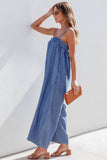 Spaghetti Straps Frilled Neckline Pocketed Wide Leg Denim Jumpsuit