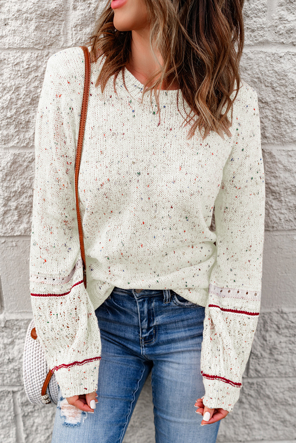 Beige Colorful Dots Cable Knit Crew Neck Sweater