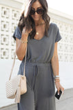 Drawstring Waist Short Sleeve Wide Leg Jumpsuit