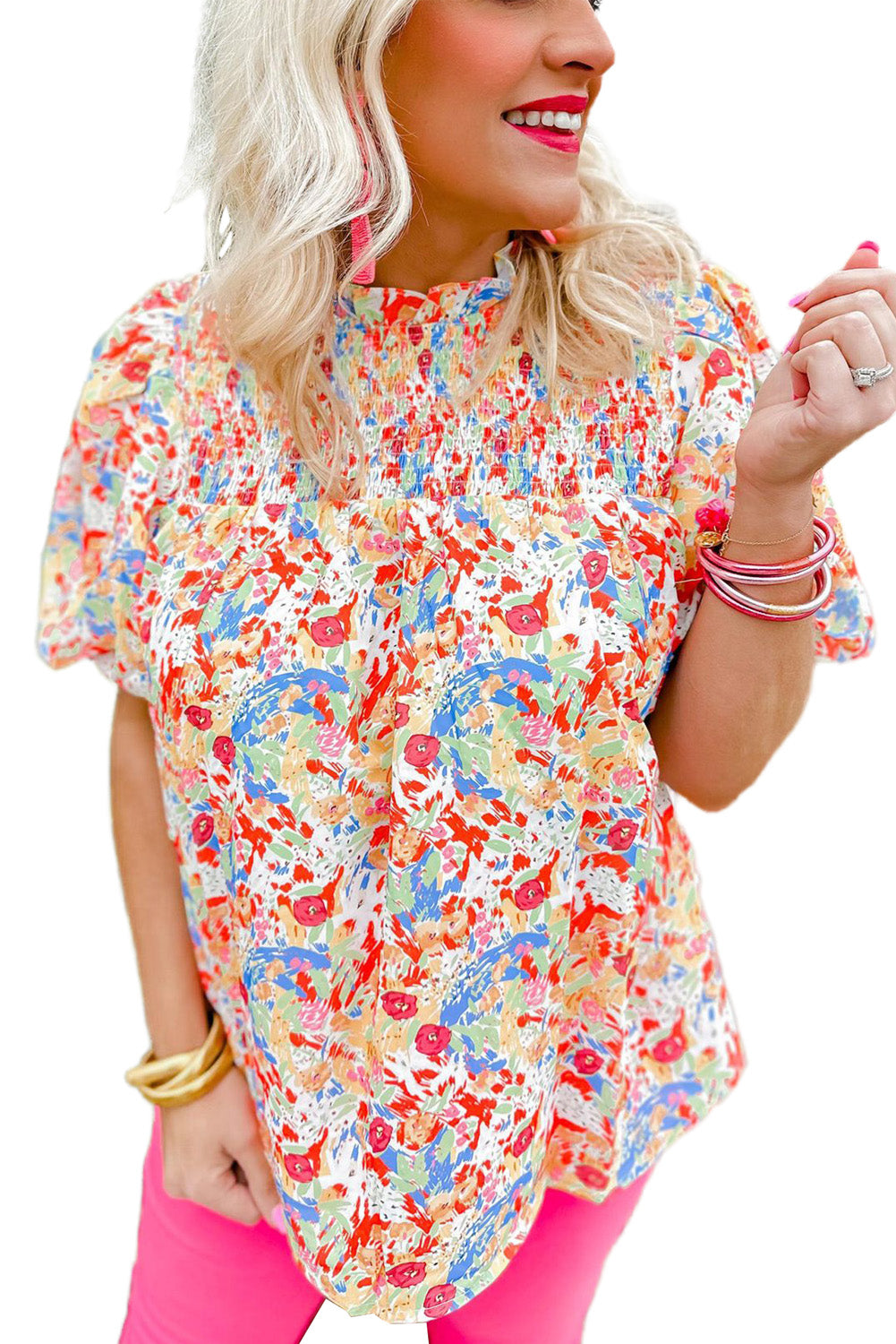 Abstract Print Smocked Puff Sleeves Blouse