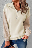 Half Zip Textured Patchwork Sleeve Drop Shoulder Sweatshirt