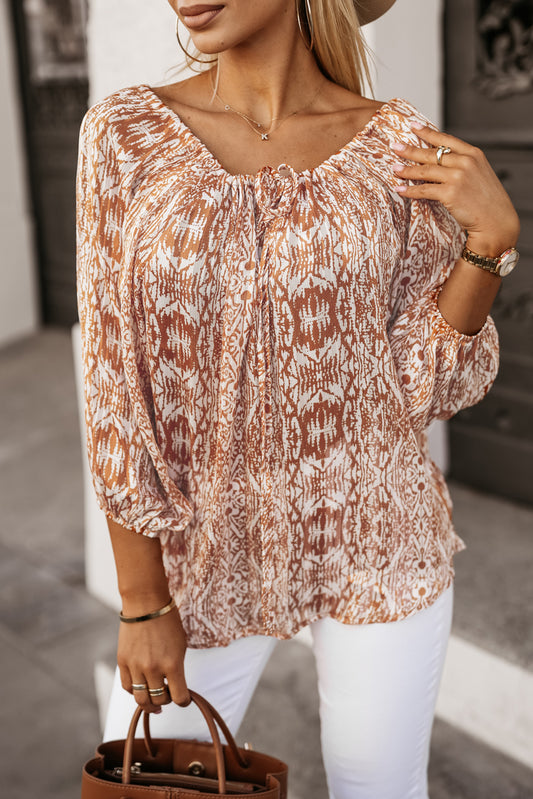 Drawstring Neckline 3/4 Sleeve Printed Blouse