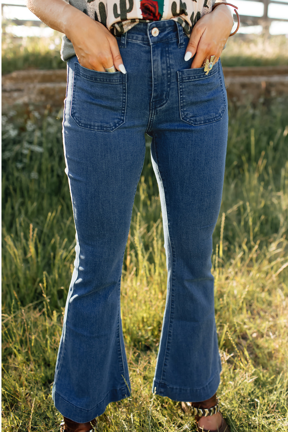 Vintage Casual Pocket Flared Jeans