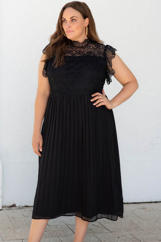 Robe plissée fluide à col haut et corsage en dentelle de grande taille noire 