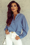 Solid Textured Buttoned Front Bubble Sleeve Blouse