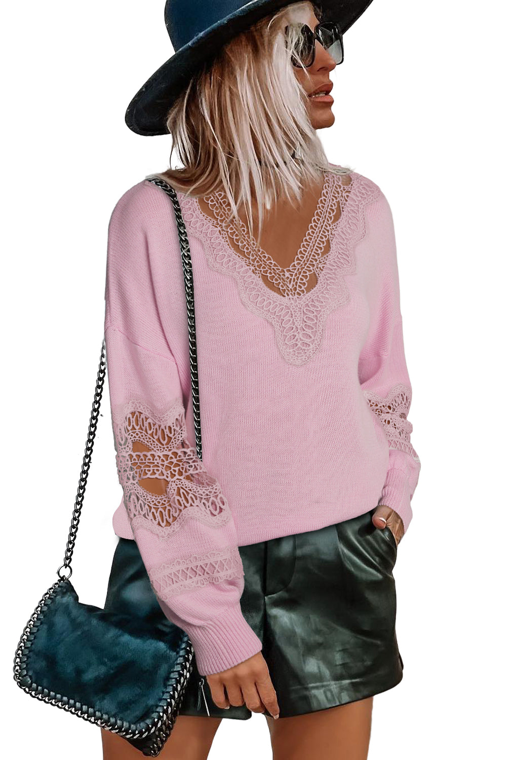 Hollowed Lace Splicing V Neck Loose Sweater