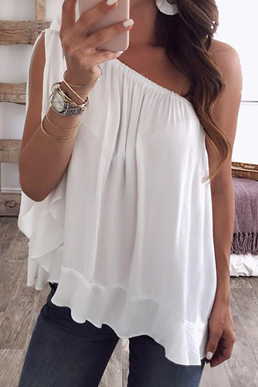 One Shoulder Sleeveless Ruffle Chiffon Top