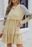 Khaki Striped Leopard Patchwork Long Sleeve Mini Dress