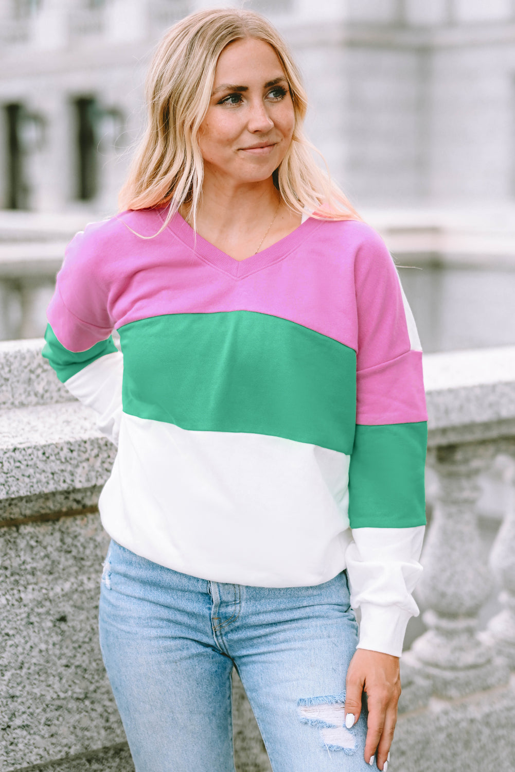 Ribbed V Neck Color Block Patchwork Sweatshirt