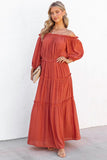 Off Shoulder Balloon Sleeve Cutout Ruffled Maxi Dress