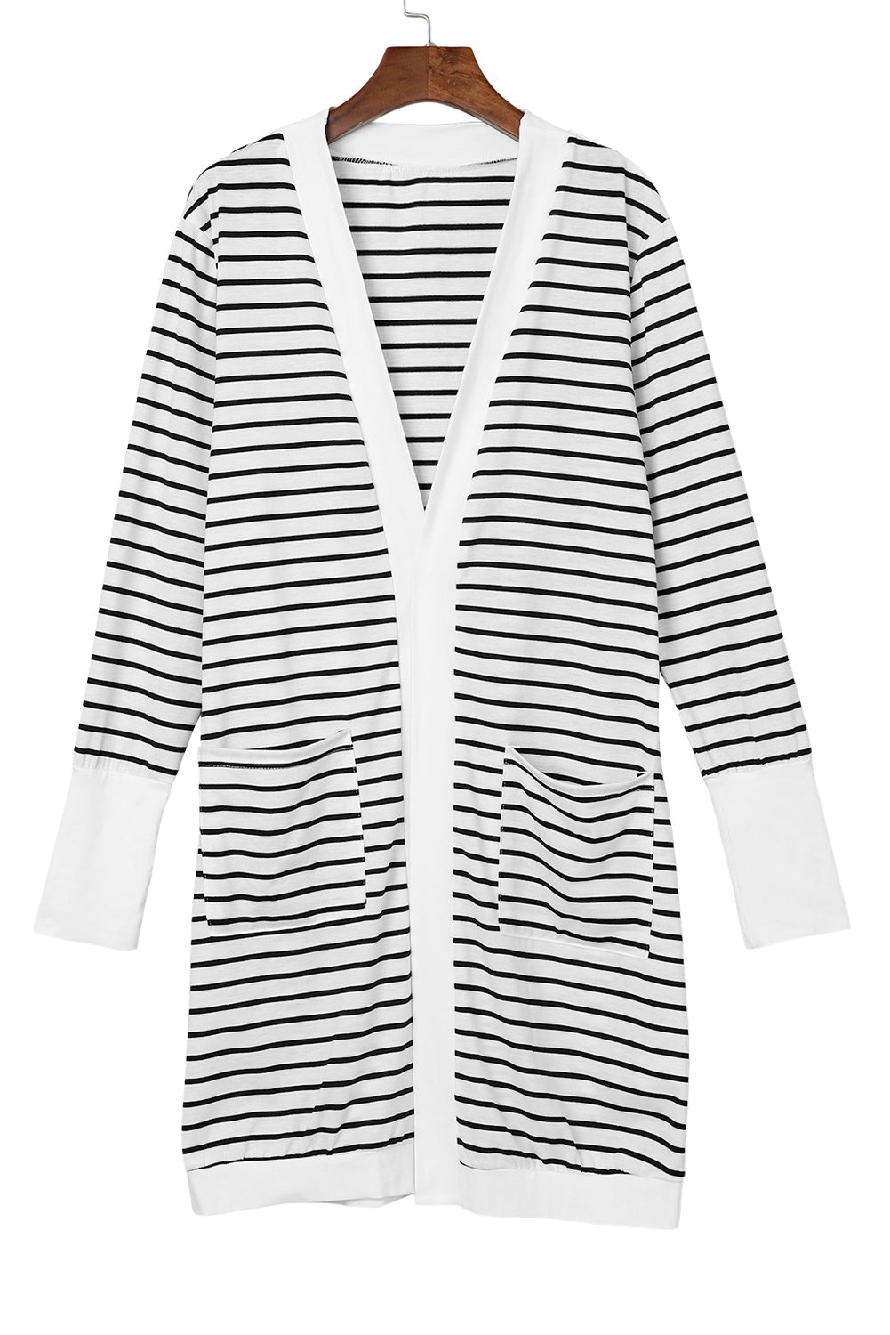 Striped Side Pockets Open Front Cardigan