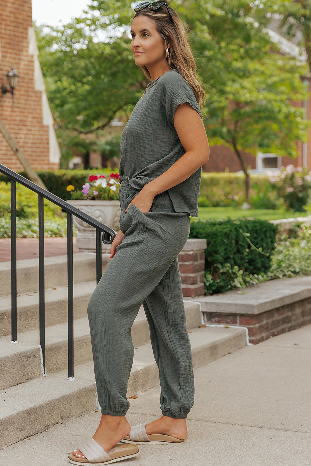 Crinkled Texture Tee and Jogger Pants Set