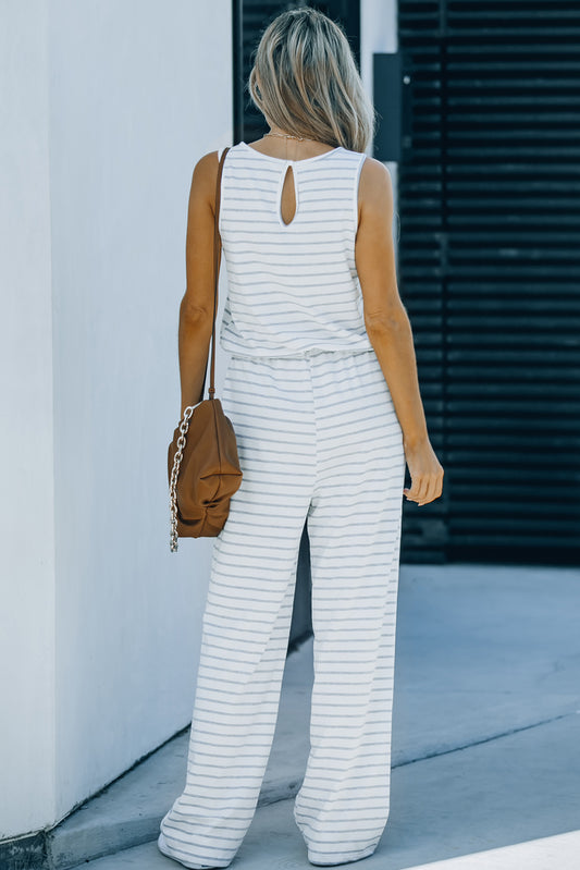 Striped Print Pocketed Sleeveless Jumpsuit