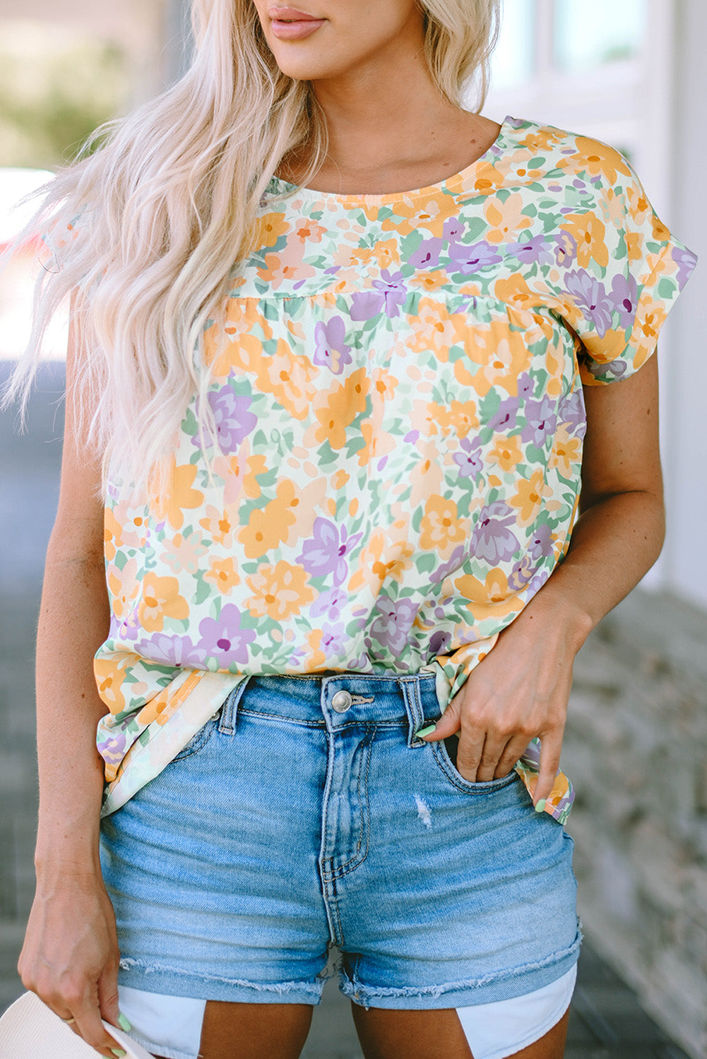 Floral Print Keyhole Back Short Sleeve Babydoll Blouse