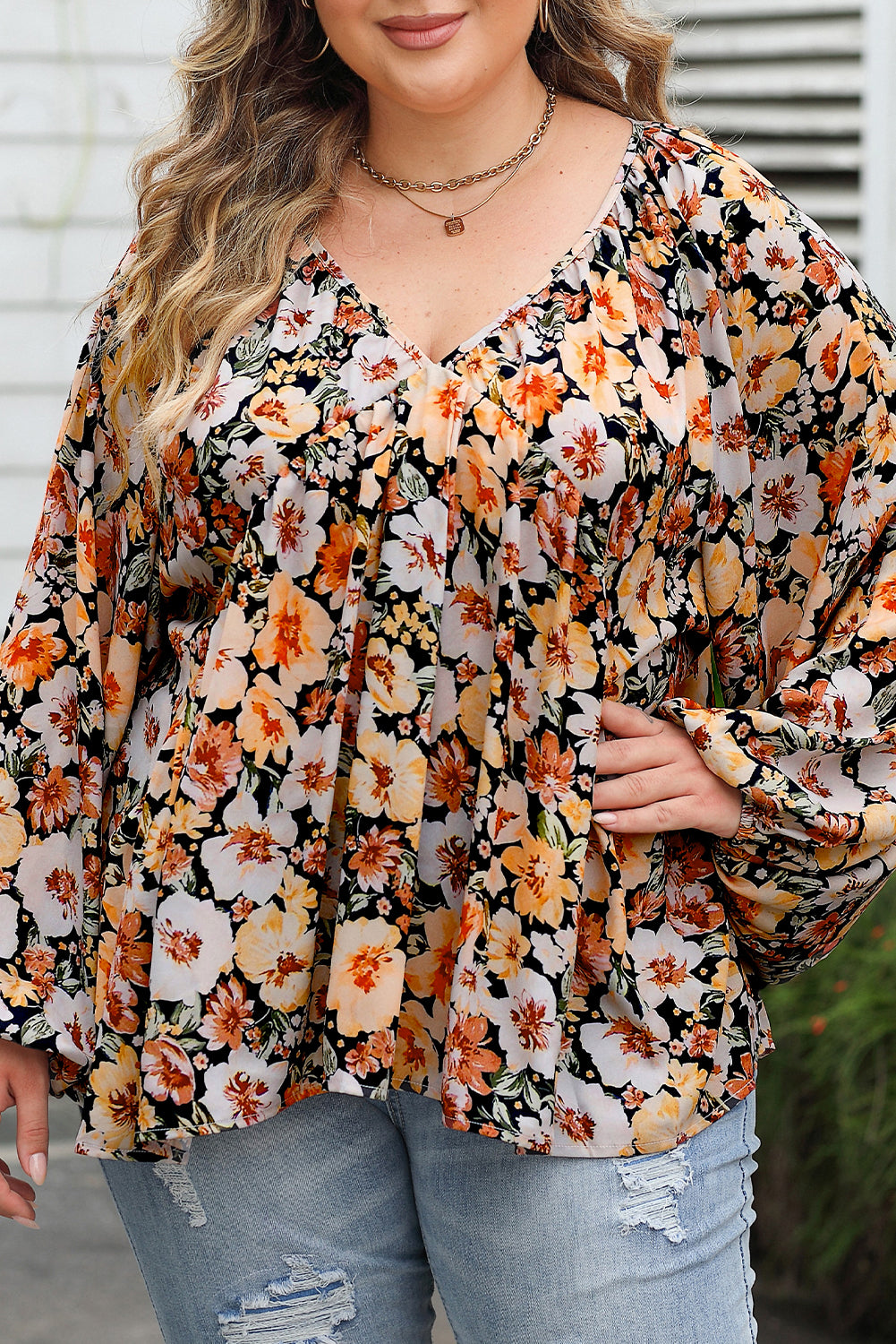 Plus Size Floral V-Neck Long Sleeve Blouse