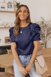 Dark Blue Ruched Puff Short Sleeve Satin Blouse