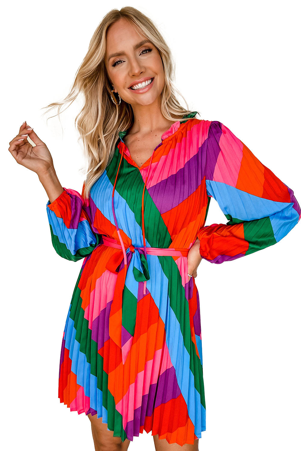 Mini-robe taille haute plissée à lacets multicolores