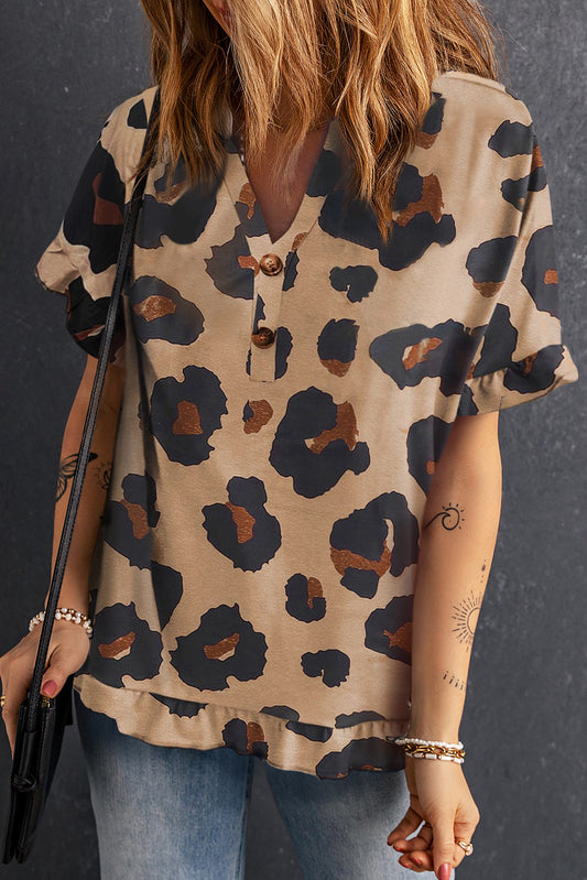 Leopard Print Ruffled Buttoned V Neck Top