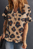 Leopard Print Ruffled Buttoned V Neck Top