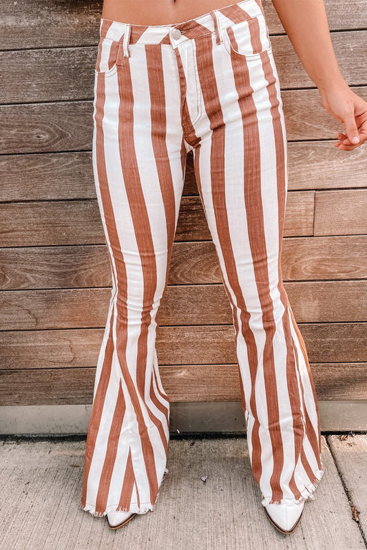 Pantalon en denim marron à rayures et franges 