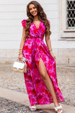 Ruffled Sleeve Floral Print Empire Waist Maxi Dress with Split