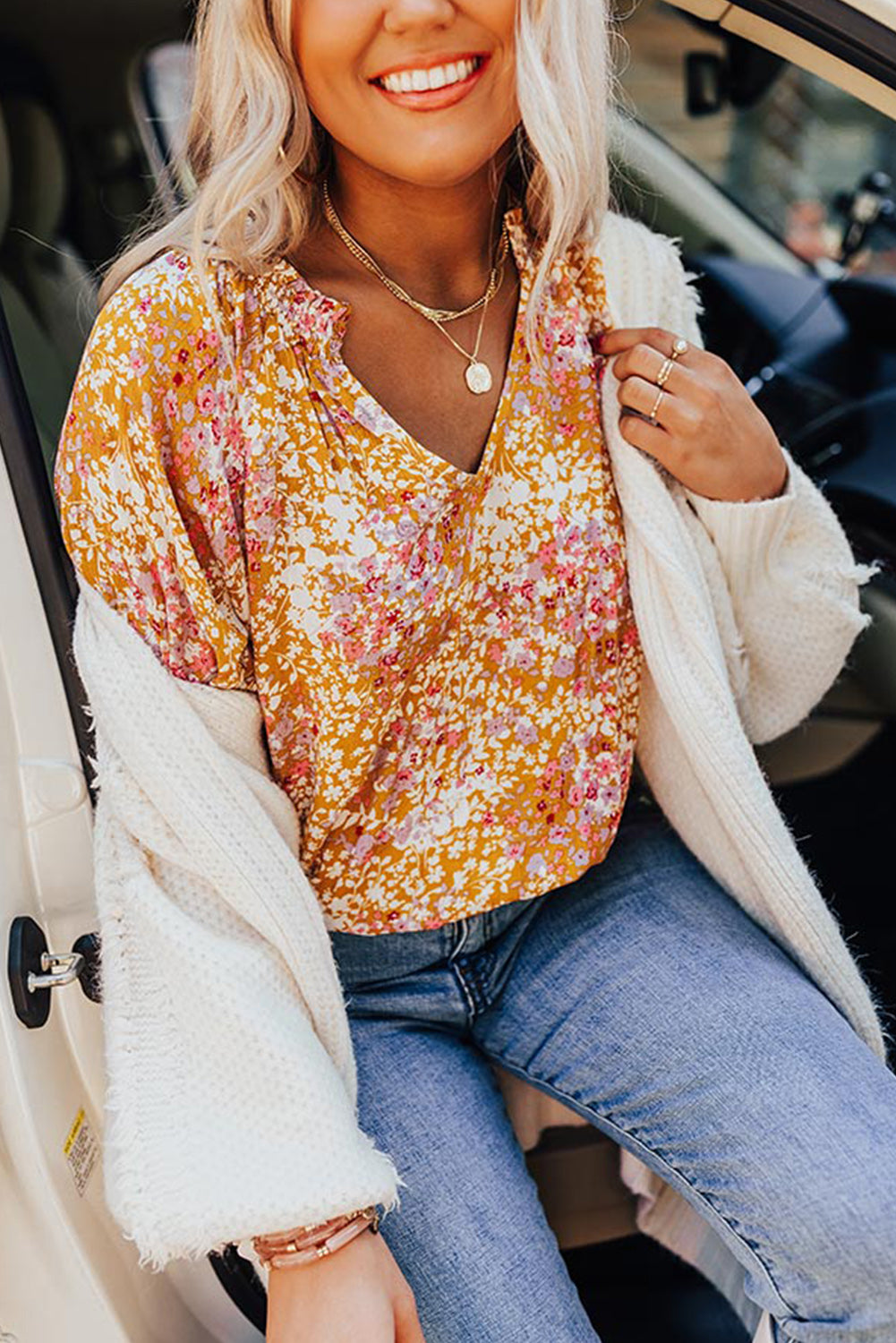 Split V Neck Floral Blouse