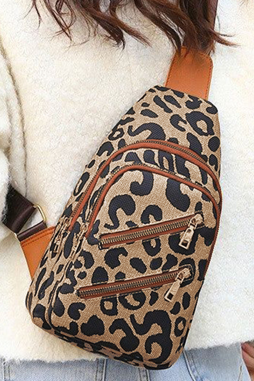 Print Multi-zip Inclined Shoulder Bag