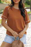 Brown Textured Round Neck Long Sleeve Top