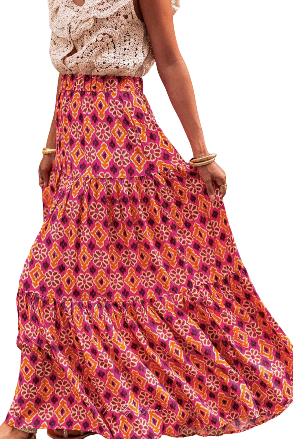 Vintage Boho Floral Print Tiered Maxi Skirt