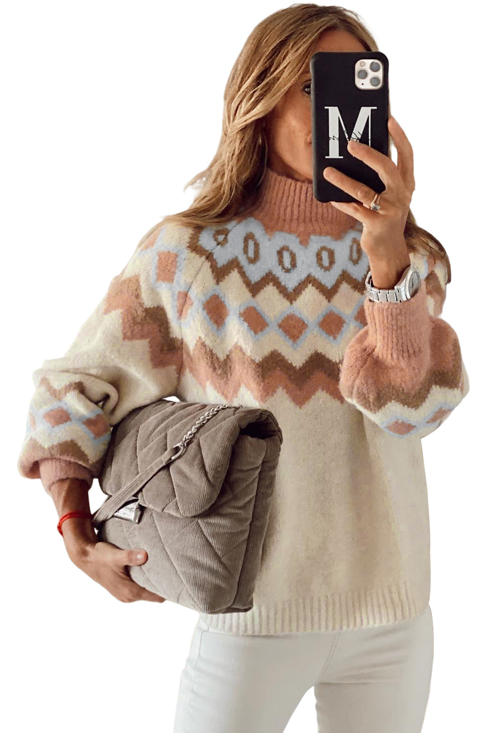 Geometric Pattern Ribbed Trim High Neck Sweater