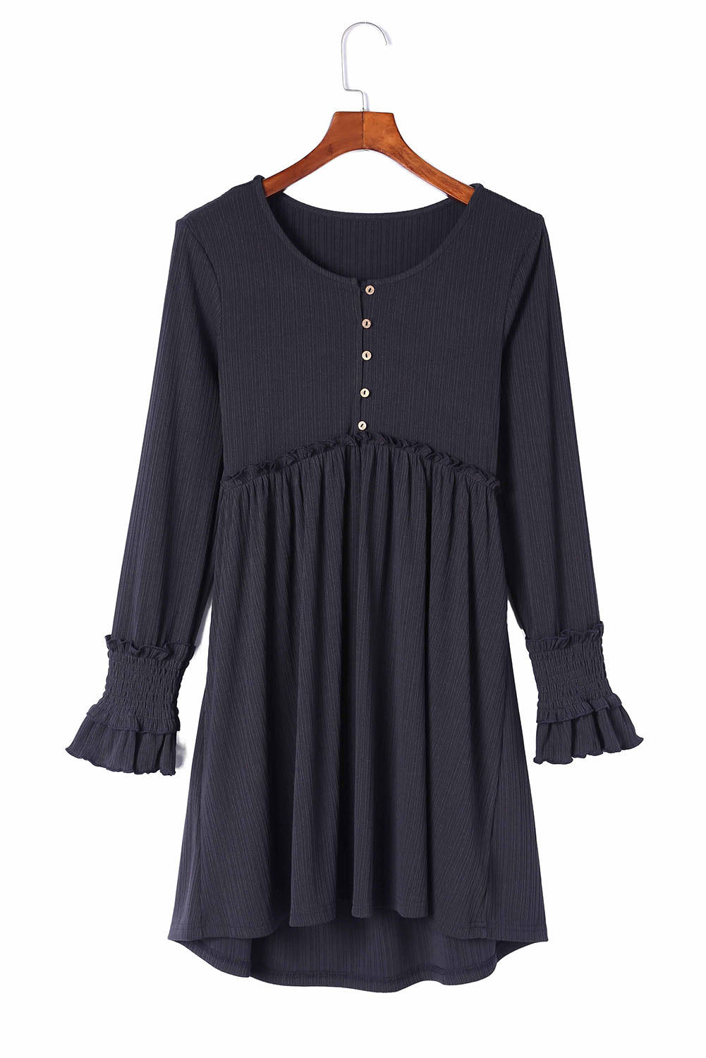 Textured Button Long Sleeve Babydoll Dress