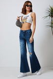 Asymmetric Open Knee Distressed Flare Jeans