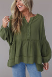 Henley Button Drop Shoulder Loose Sleeve Raw Edge Top