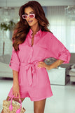 Rose Roll Tab Sleeve Button Shirt Style Belted Romper