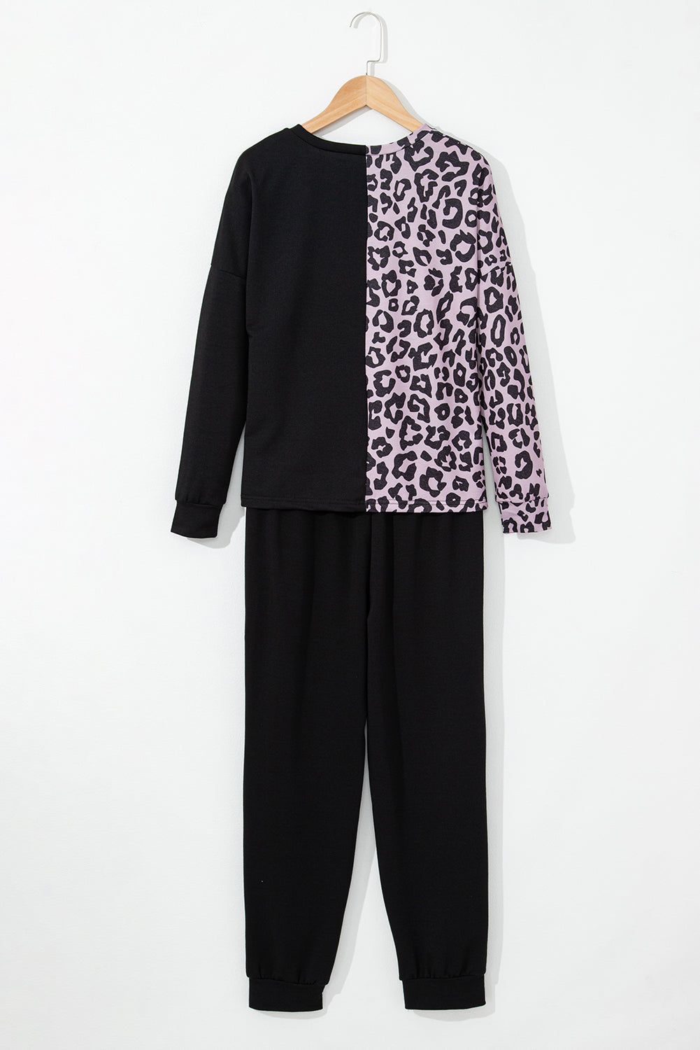 Contrast Leopard Long Sleeve Pullover and Joggers Outfit