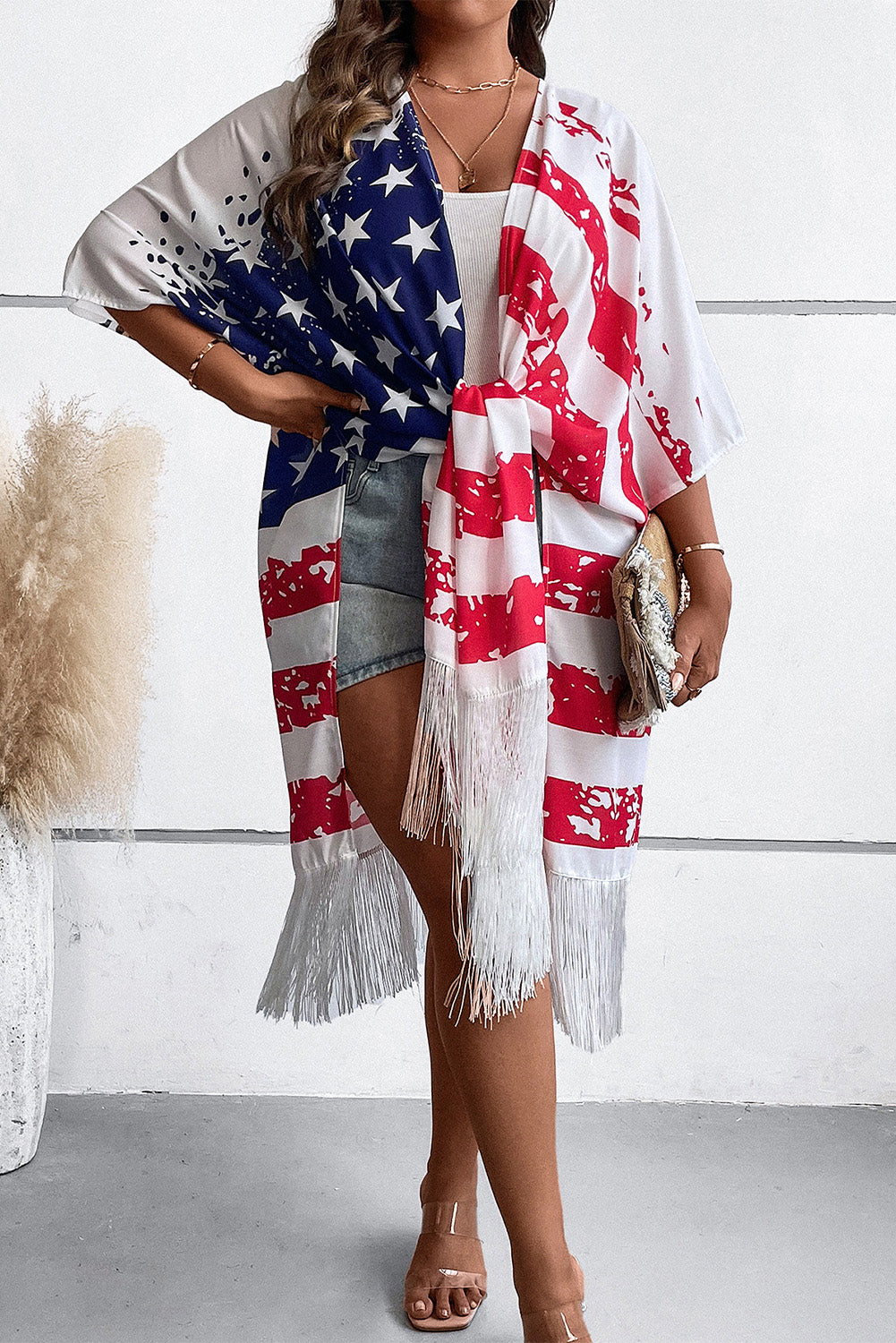 Plus Size American Flag Tasseled 3/4 Sleeve Cardigan