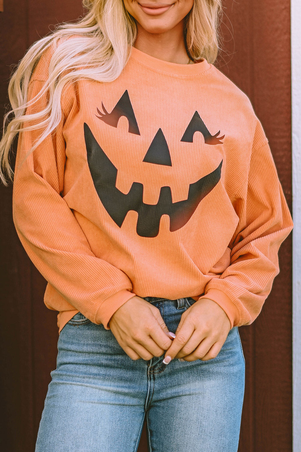 Orange Spooky Season Ghost Print Ribbed Pullover Sweatshirt