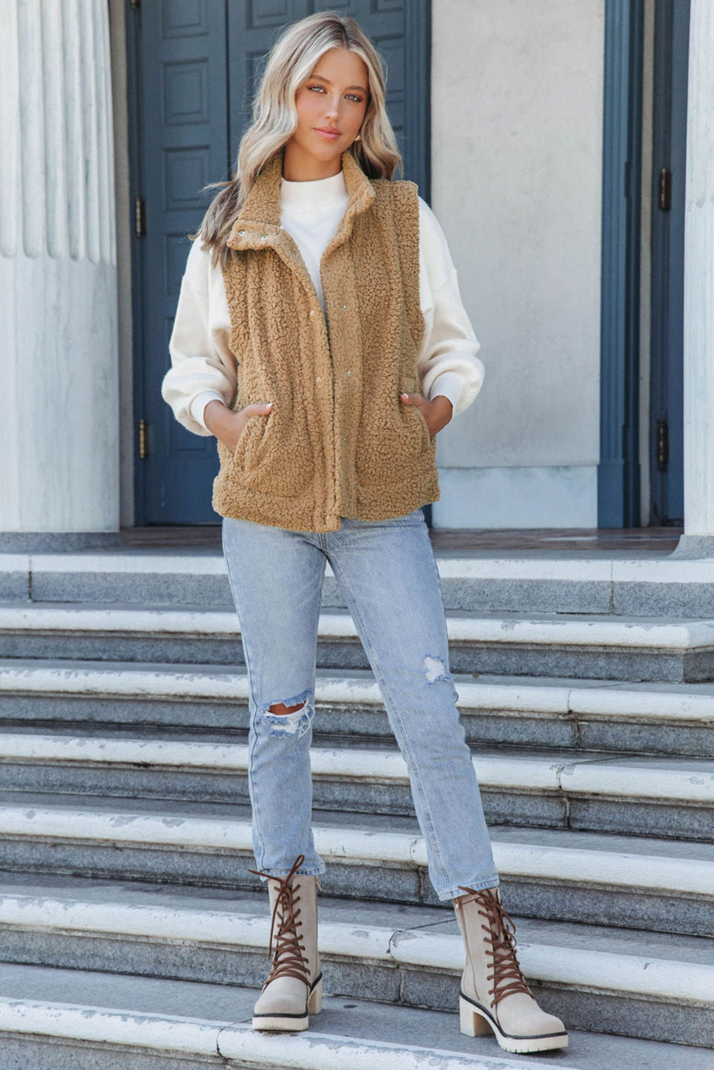 Veste gilet sherpa kaki avec poches et boutons-pression