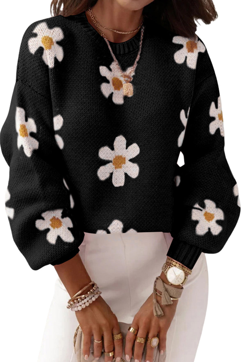 Black Floral Pattern Drop Shoulder Sweater