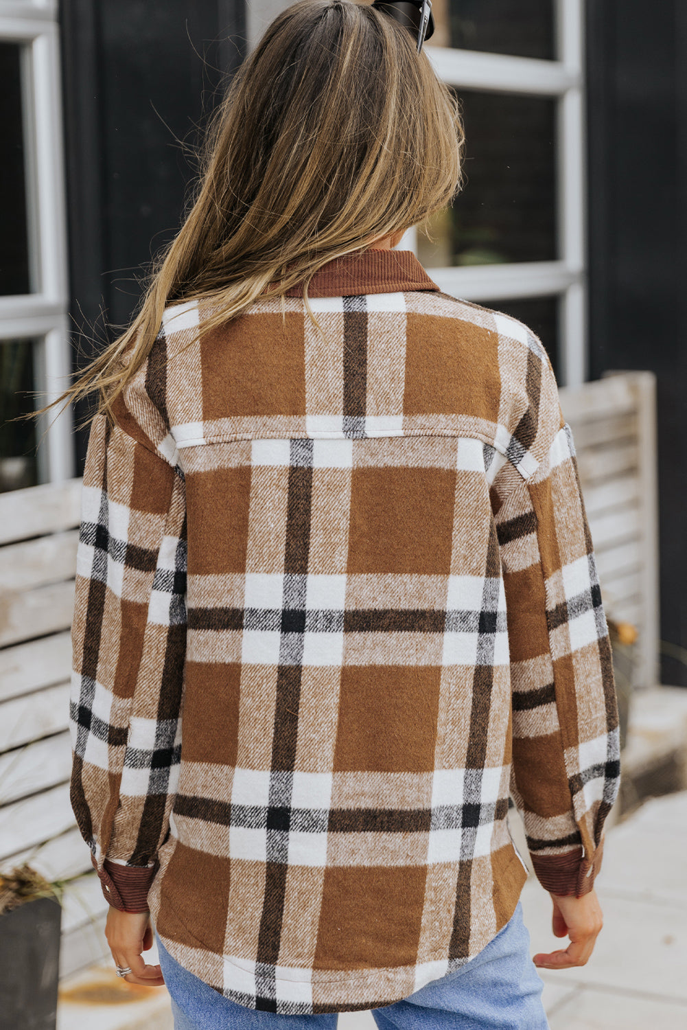 Brown Pocketed Buttoned Plaid Shirt Jacket