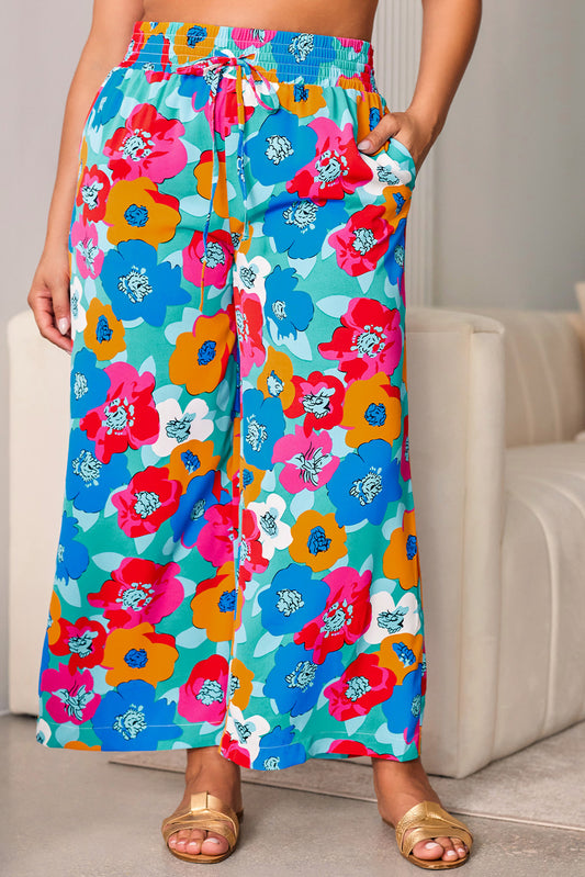 Pantalon Large à Imprimé Floral Abstrait Multicolore de Grande Taille