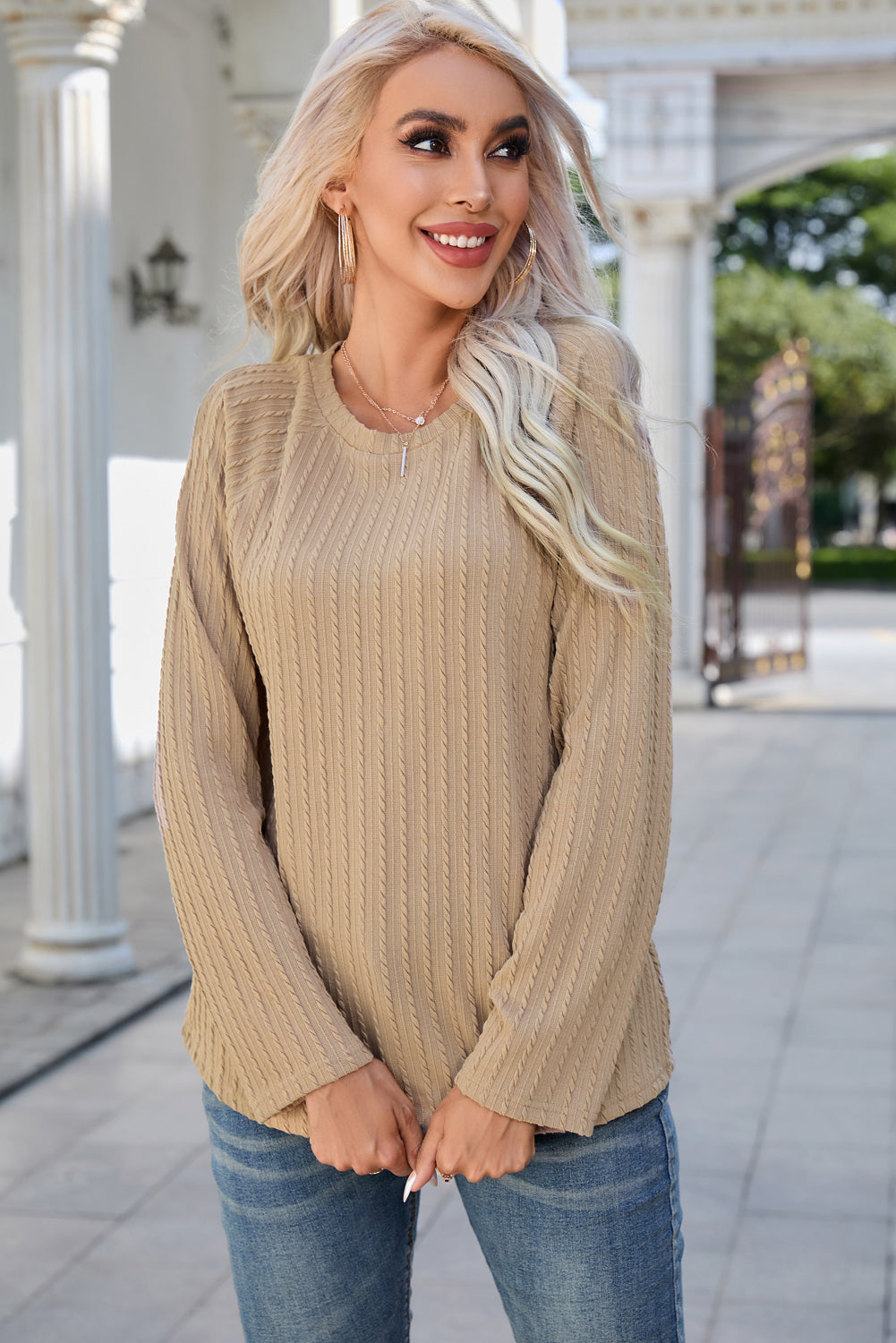 Khaki Ribbed Round Neck Knit Long Sleeve Top