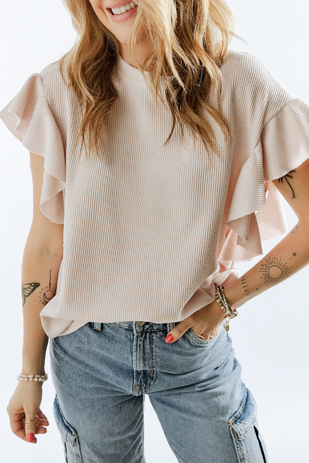 Ruffle Sleeve Waffle Knit Top