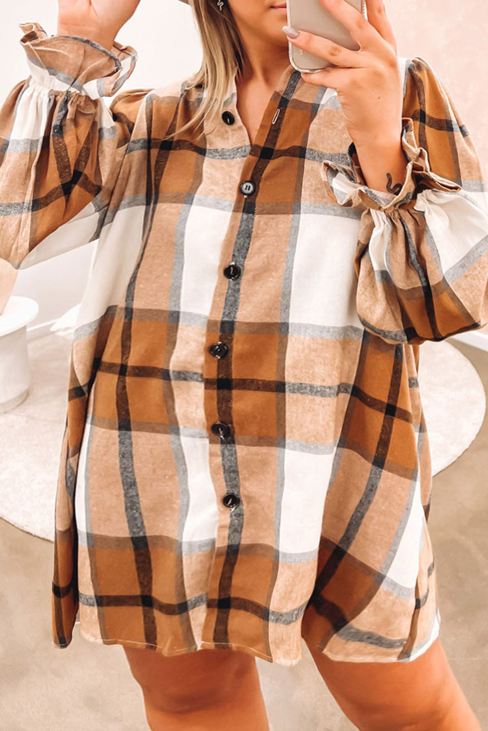 Khaki Western Plaid Button Up Loose Shirt Dress