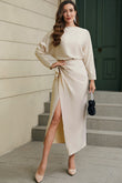 Satin Wrap Tie Side Boat Neck Long Sleeve Dress