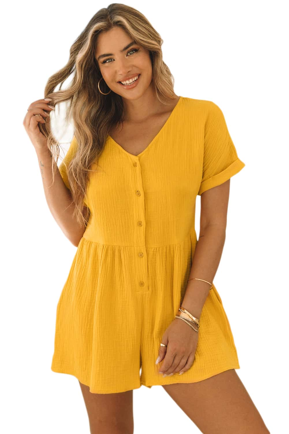 Button V Neck Crinkle Pocketed Romper